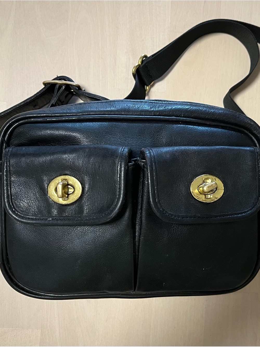 Rare Vintage Coach Pocket Waist Pack Black Leather Adjustable Strap Version 516